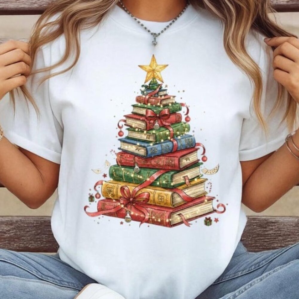 Christmas Tree Tee, Book Lover Tee, Cute Book Stack Tree - Picture 1 of 4